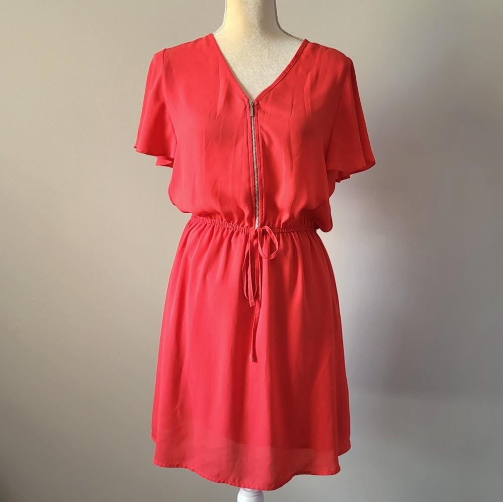 French NAF Paris Coral V-Neck trending exposed Zipper Elastic Waist Dress, US Sm